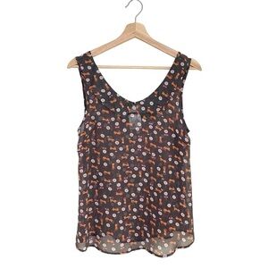 Jella Couture Semi Sheer Cat Print Sleeveless Peter Pan Collar Top Small
